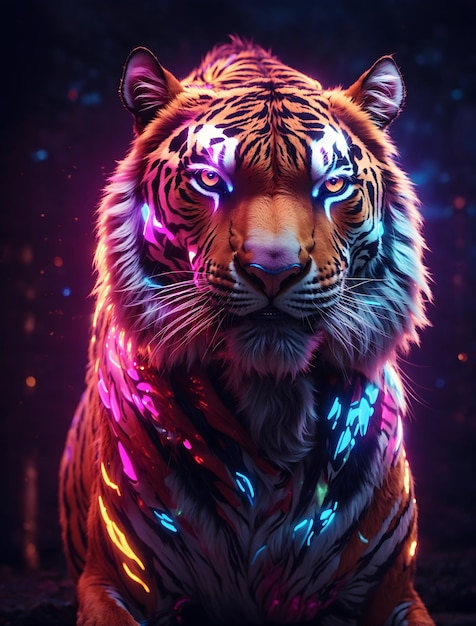 Un majestuoso tigre con una melena de color neón vibrante iluminado por una brillante luz brillante