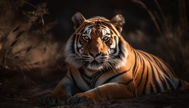 Un majestuoso tigre mirando con agresión en un retrato de la selva tropical generado por la inteligencia artificial