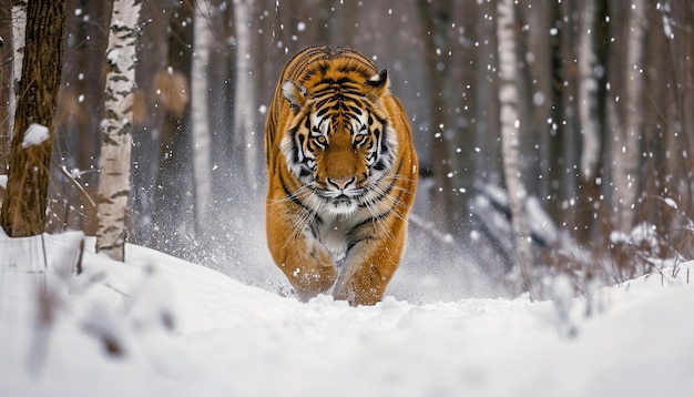 un majestuoso tigre siberiano moviéndose furtivamente a través de un bosque nevado en el Lejano Oriente ruso