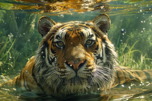 El majestuoso tigre sumergido en el agua mira fijamente hacia adelante con brillantes rayas naranjas y negras