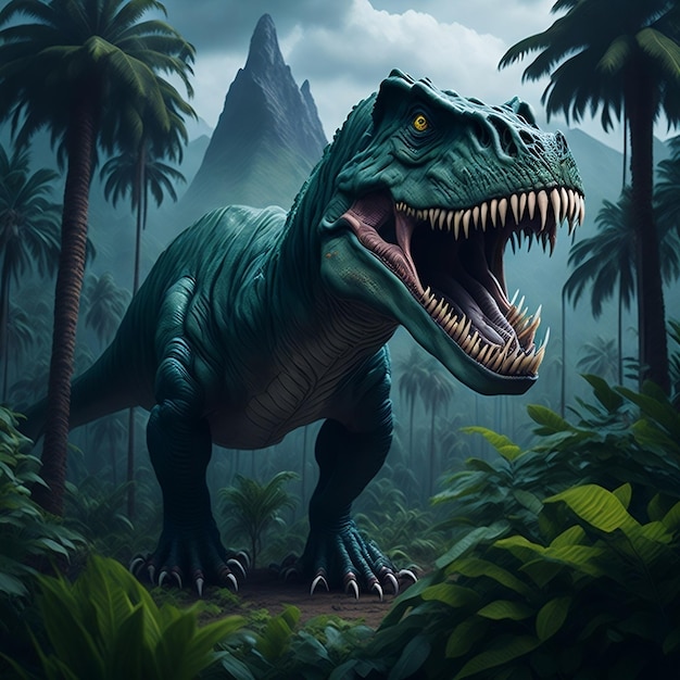 Un majestuoso Tyrannosaurus Rex rugiente rodeado de una exuberante jungla prehistórica