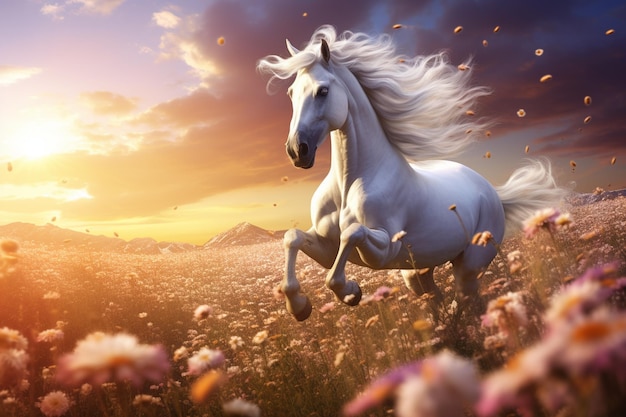 Foto majestuoso unicornio galopando a través de un campo de flores silvestres