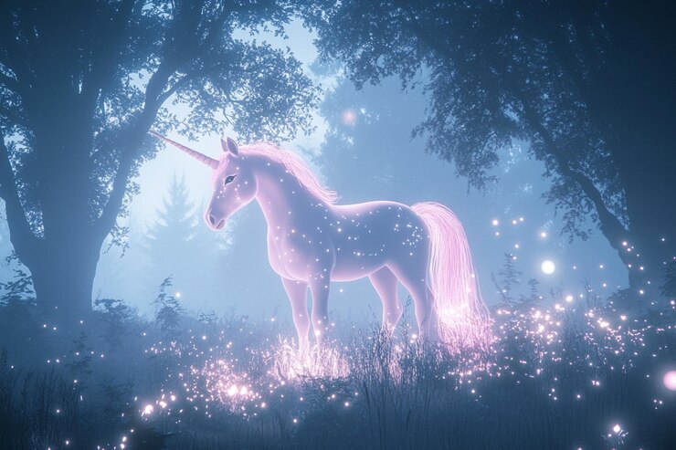 Foto un majestuoso unicornio de pie en un bosque místico brillando suavemente a la luz de la luna