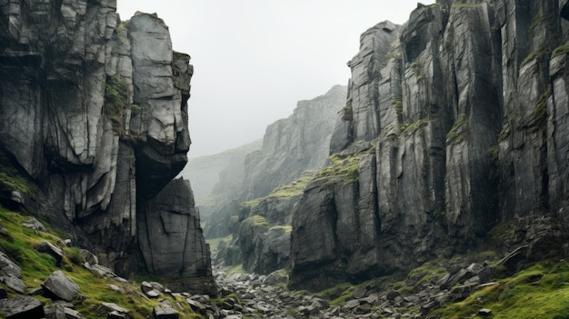 El majestuoso valle Un retrato atmosférico detallado de un valle exuberante con altas rocas