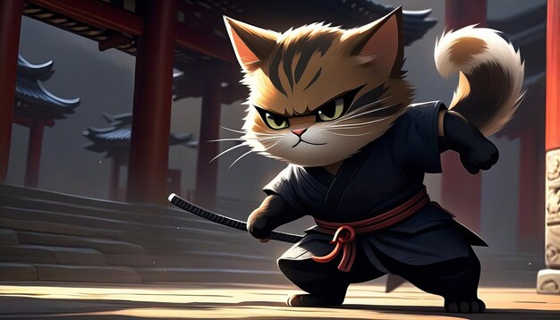 Foto un majestuoso viaje de gatos ninja en el antiguo templo del sigilo