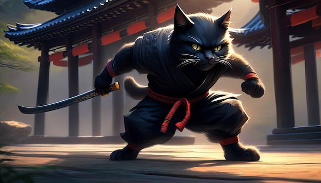 Foto un majestuoso viaje de gatos ninja en el antiguo templo del sigilo