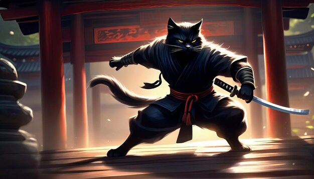 Foto un majestuoso viaje de gatos ninja en el antiguo templo del sigilo