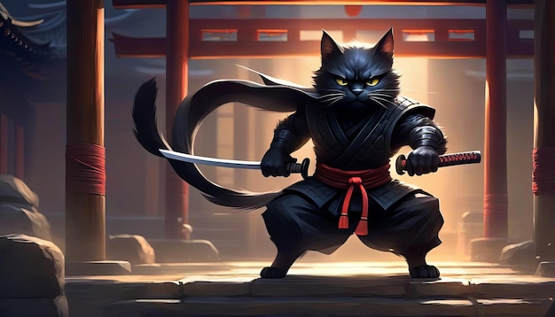 Un majestuoso viaje de gatos ninja en el antiguo templo del sigilo