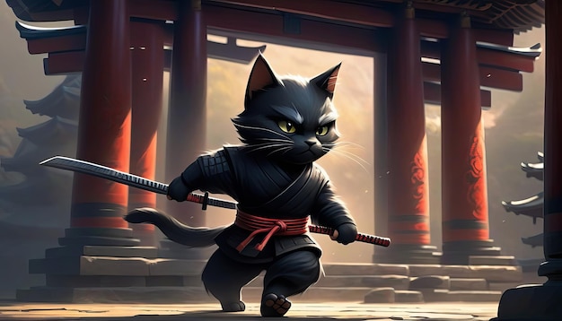 Foto un majestuoso viaje de gatos ninja en el antiguo templo del sigilo