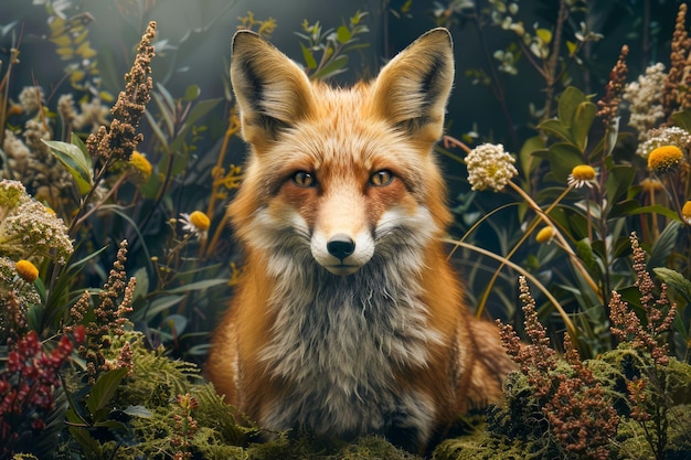 Foto el majestuoso zorro rojo sentado entre el follaje verde en un bosque de niebla