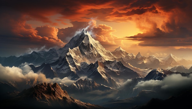 Majestuosos picos montañosos, belleza natural en un paisaje panorámico al atardecer generado por inteligencia artificial