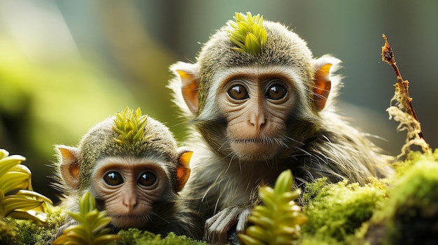 Makakenfamilie sitzt im tropischen Regenwald und isst