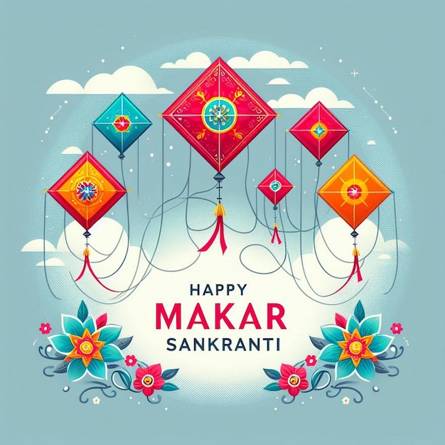 Makar Sankranti Grüßkarte mit Fliegenden Drachen am Makar Sankranti