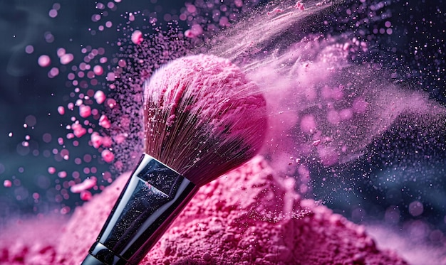 Make-up Kosmetik Pinsel mit rosa Pulver Blush Explosion Hautpflege oder Mode Konzept Hintergrund