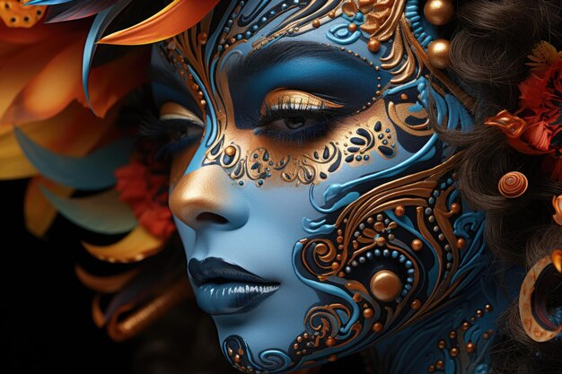 Make-up-Künstler verwandelt Gesicht in Kunst für die thematische Party Generative IA