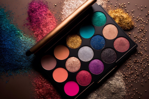 Make-up-Palette mit glitzernder Nahaufnahme auf verschwommenem Hintergrund Professionelle Kosmetik für Frauen Make-up-Palette in verschiedenen Farben und Schattierungen