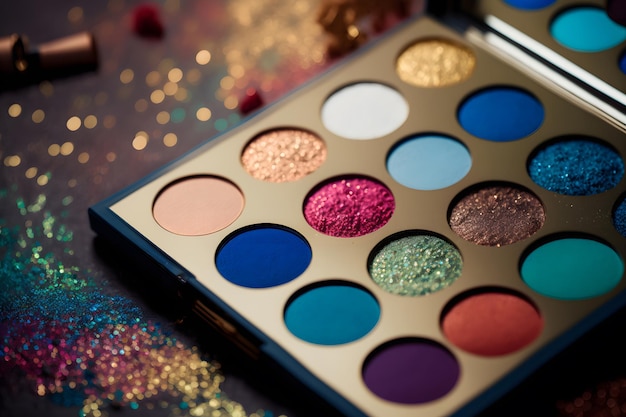 Make-up-Palette mit glitzernder Nahaufnahme auf verschwommenem Hintergrund Professionelle Kosmetik für Frauen Make-up-Palette in verschiedenen Farben und Schattierungen