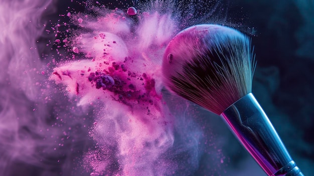 Make-up Pinsel mit rosa und lila Pulver Explosion