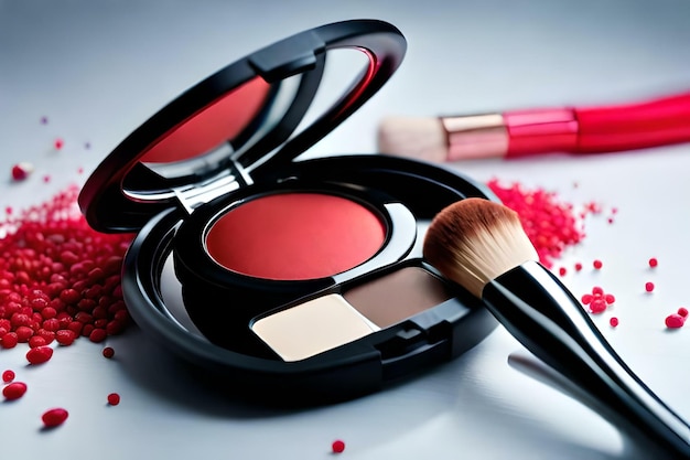 Make-up rotes Puderrouge mit Pinsel und hellem Hintergrund. Erstellt mit generativer KI
