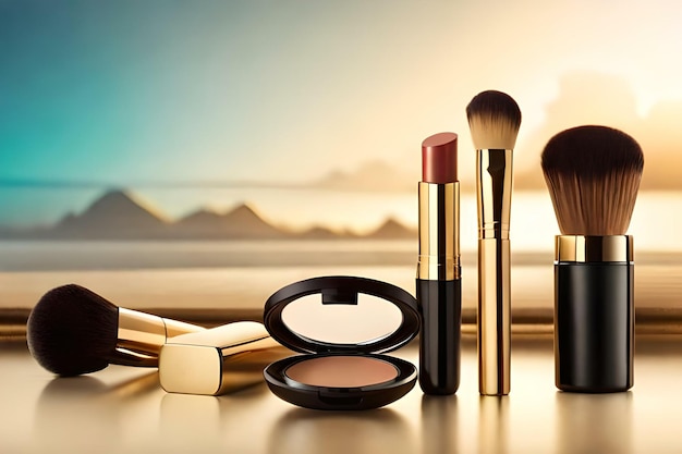 Make-up-Set mit Lippenstift, kompaktem Puderpinsel, Spiegel und goldfarbenem Hintergrund