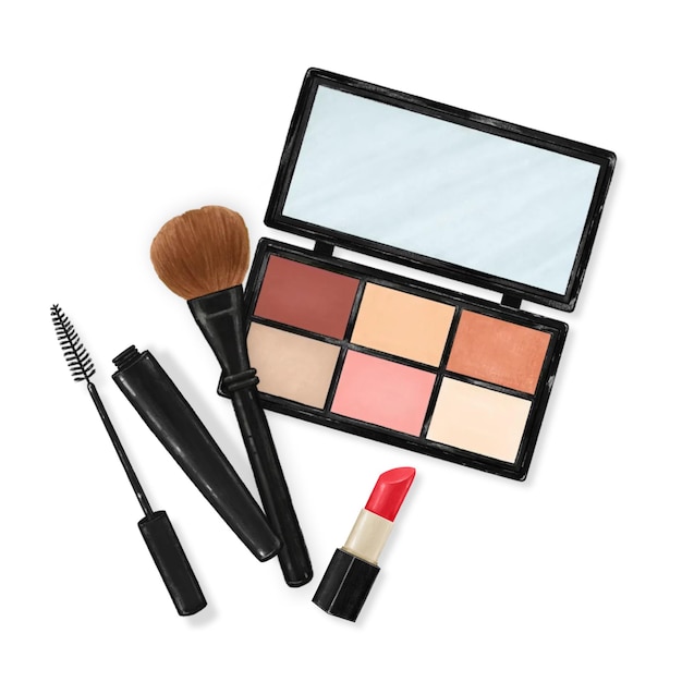 Make-up-Set png-Aufkleber Augenschattenpalette Mascara Pinsel Illustration durchsichtiger Hintergrund