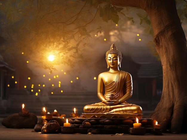 Makha bucha día con Buda de oro está tu sentado bajo un árbol de bodhi