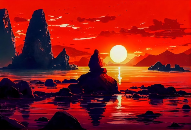 Makha bucha dia monge meditando ao pôr do sol Ia generative