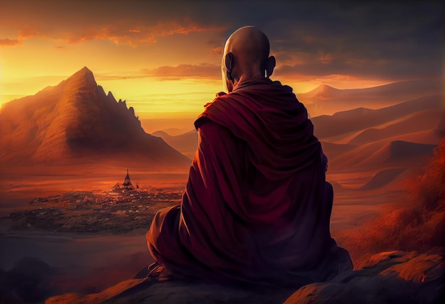 Makha bucha dia monge meditando ao pôr do sol Ia generative