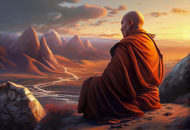 Makha bucha dia monge meditando ao pôr do sol Ia generative