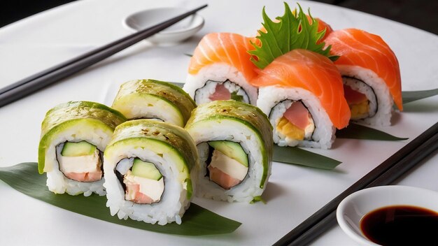 Maki alaska y california sushi rollos en la mesa blanca