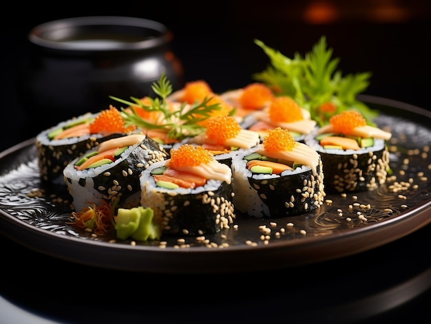 Maki rolls com abacate e caviar vermelho Menu de sushi Comida japonesa Generative AI