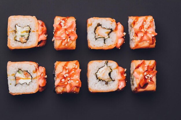 Maki-Sushi-Rollen mit Lachs auf schwarzem Stein auf dunklem Hintergrund Mit Ingwer und Wasabi Sushi-Menü Japanisches Essen Nahaufnahme von köstlichen japanischen Speisen mit Sushi-Rolle Horizontales Foto