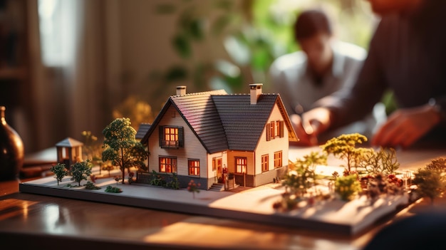Makler und Käufer unterzeichnen Hypothekenvertrag. Musterhaus mit Wohnungsmakler für Immobilienversicherungskonzept