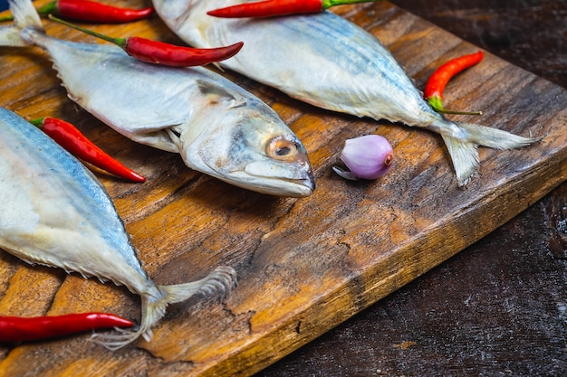 Makrelen-Fische auf hölzernem hackendem Brett