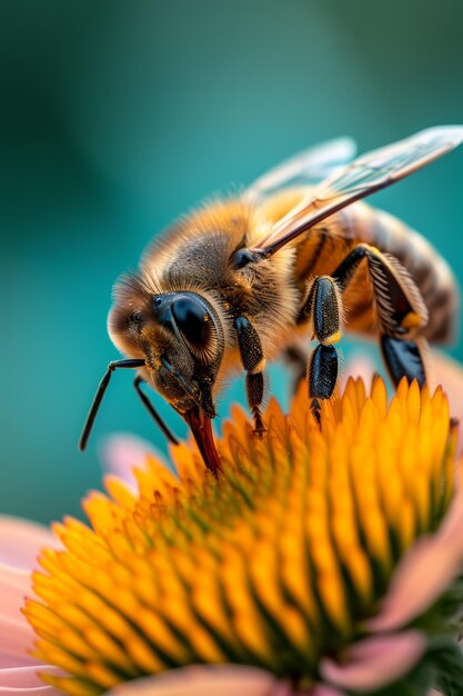 Makro-Aufnahme einer Biene mit Pollen an den Beinen, die eine gelbe Blume bestäubt