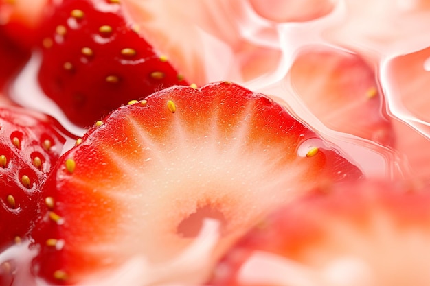 Makro-Aufnahme einer Erdbeerscheibe, die im Smoothie schwimmt