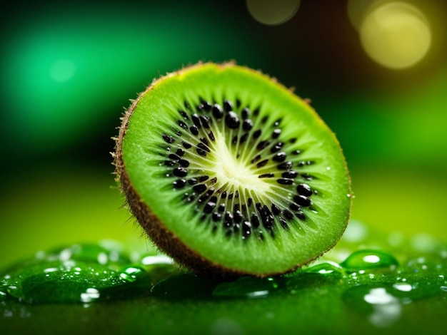 Makro-Aufnahme einer Kiwi mit dem schwarzen Samen