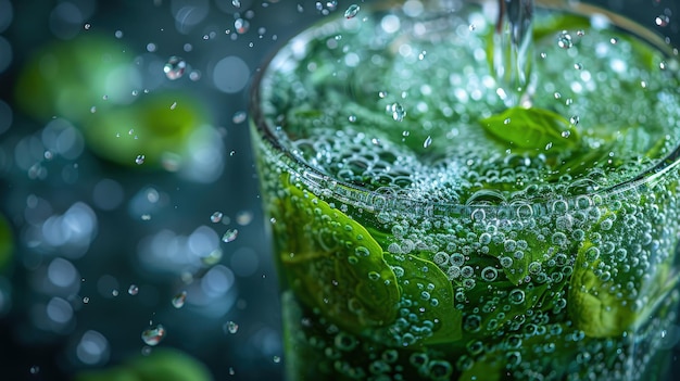 Makro-Aufnahme einer Spirulina-Tablette, die sich in einem Glas mit Wasserblasen und Blasen auflöst