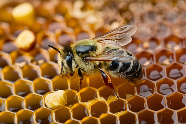 Makro-Aufnahme von Bienen inmitten von Honig, die die Süße der Natur zeigt