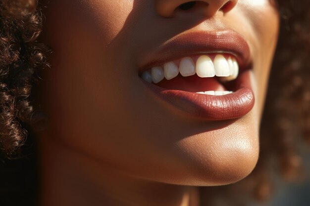 Makro-Close-Up des afrikanischen weiblichen Mundes Öffner Mund mit perfekten weißen Zähnen