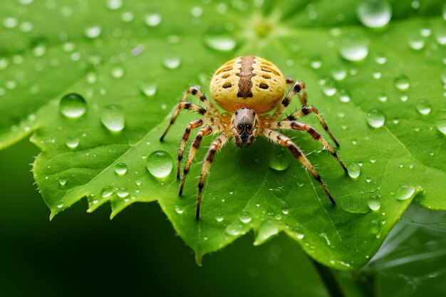 Makro-Close-Up einer nassen Spinne auf einem grünen Blatt im Wald