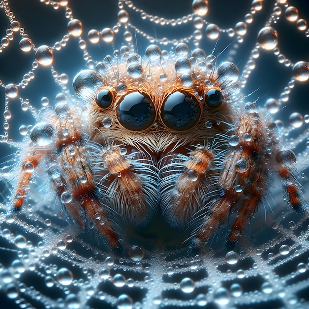 Makro einer niedlichen springenden Spinne in einem mit Regentropfen bedeckten Spinnennetz.