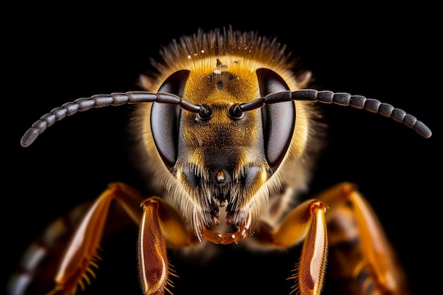 Foto makro eines bienenkopfes auf schwarzem hintergrund