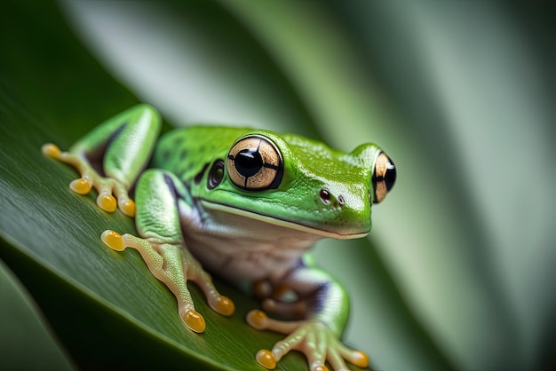 Makro eines grünen Frosches auf einem grünen Blatt, vielleicht in einer tropischen Umgebung