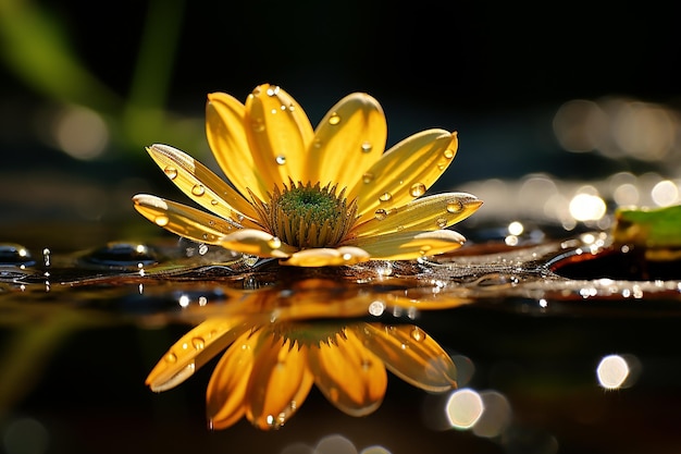 Makro eines Wassertropfens auf einem Blatt einer gelben Blume