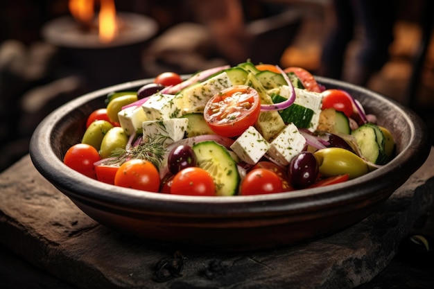 Makro-Foto Griechischer Salat auf Stein Rustikaler Pub