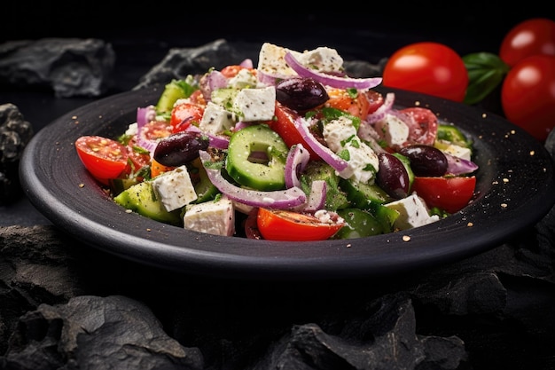 Makro-Foto Griechischer Salat auf Stein Rustikaler Pub