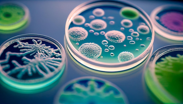 Makro Nahaufnahme von Bakterien und Viruszellen in einer Petrischale eines wissenschaftlichen Labors Generative ai