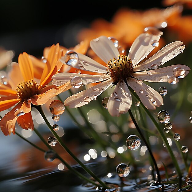 Foto makro-reflexion von blumen in wassertropfen