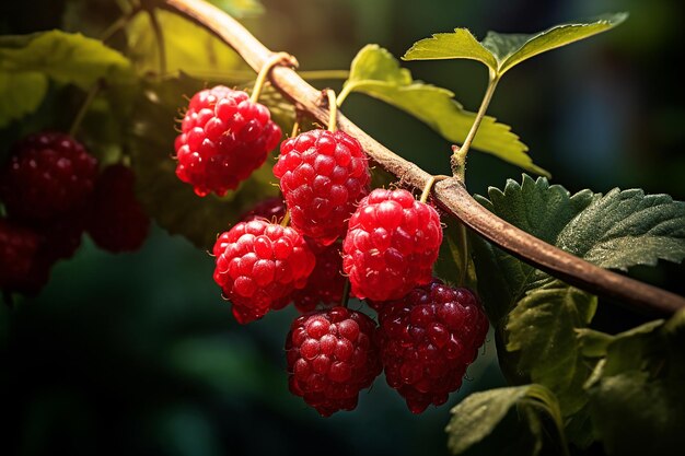 Foto makro reife himbeeren auf einem zweig